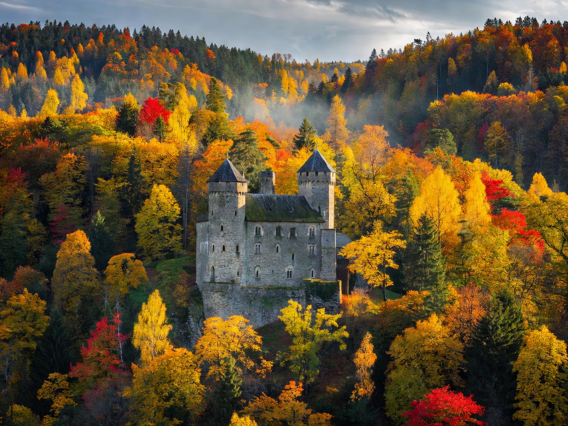 Bavarian forest castle surrounded by vibrant autumn foliage