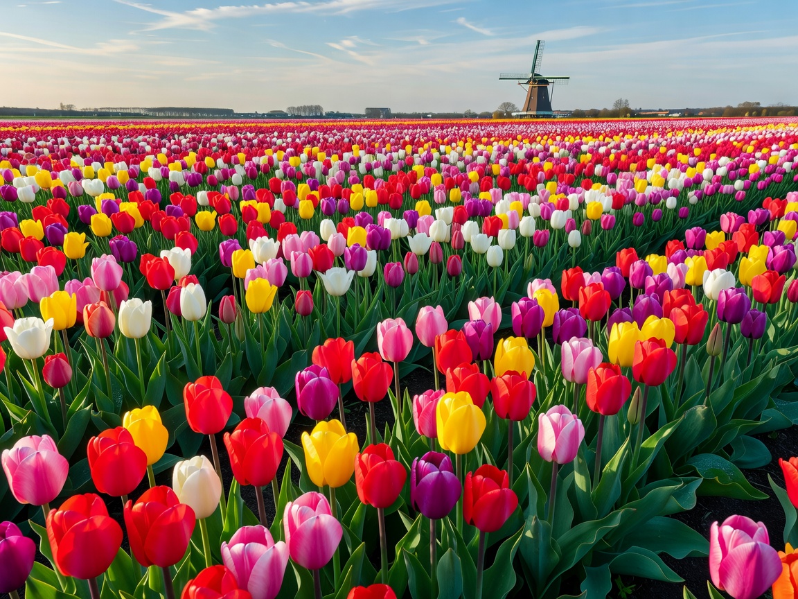 Endless fields of colorful blooming tulips in Lisse, Netherlands