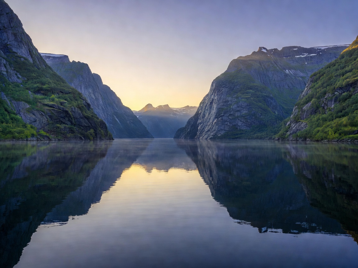 Fjord reflection in western Norway during summer midnight sun