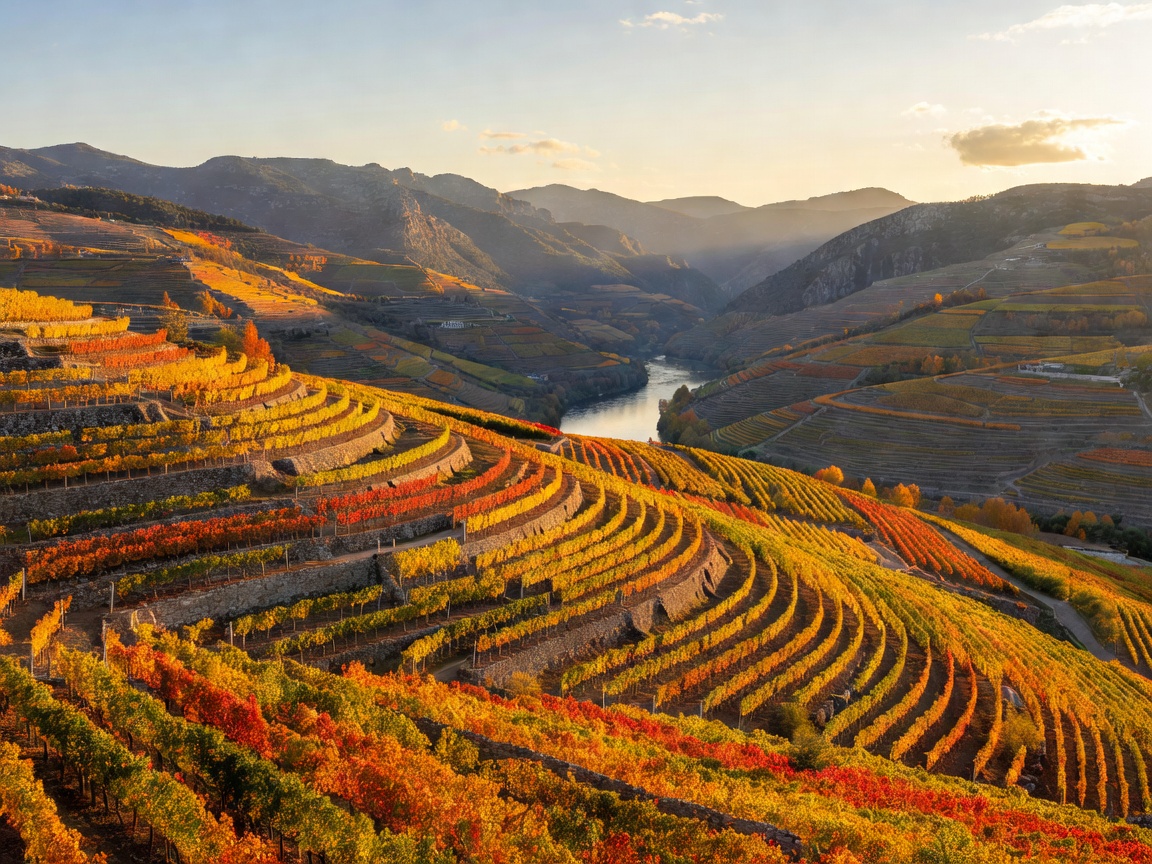Golden autumnal vineyard and mountain valley in Douro Valley