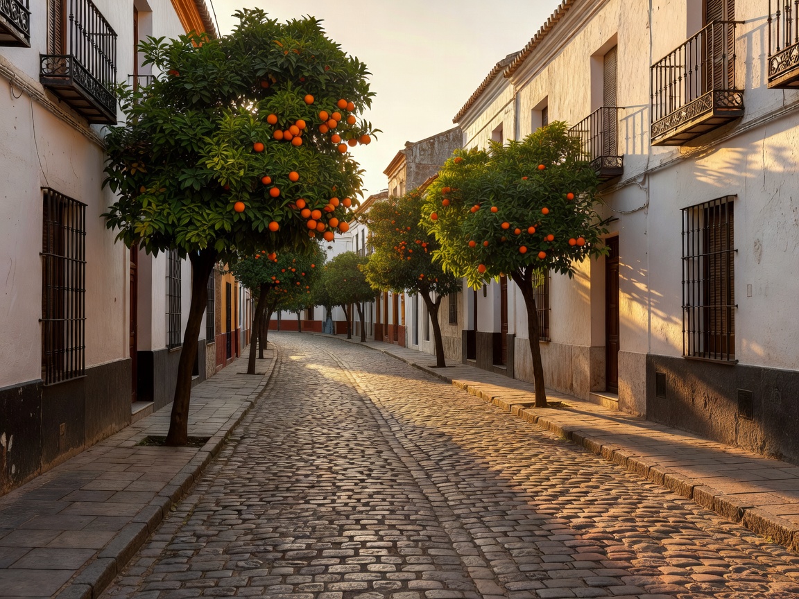 Historic cobblestone streets and orange trees in Seville, Spain
