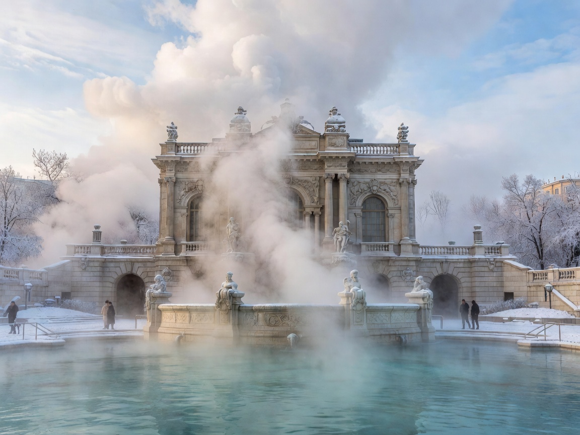 Historic neo-baroque Szechenyi Thermal Baths in Budapest during winter steam