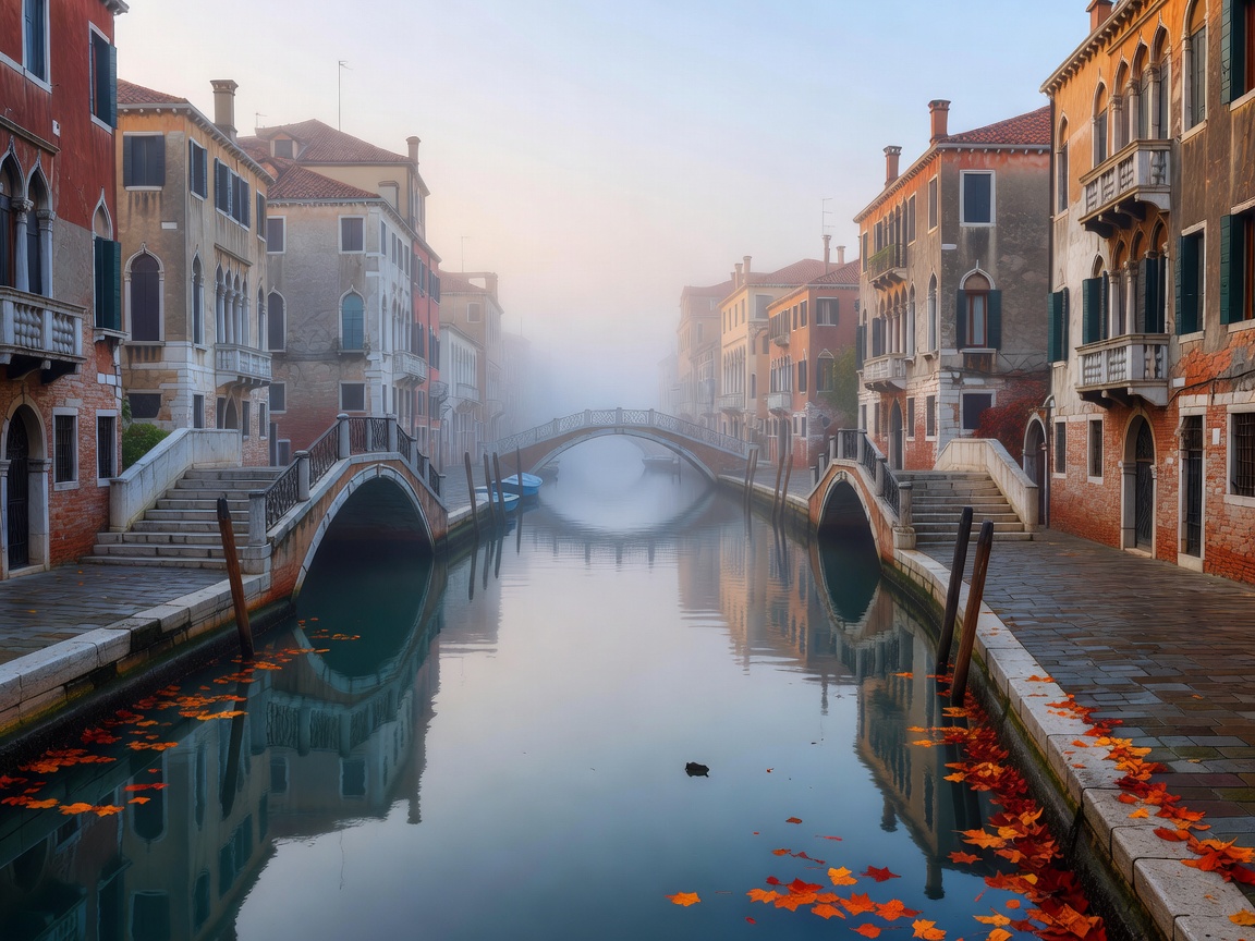 Misty canals and historic bridges of Venice during quiet autumn morning