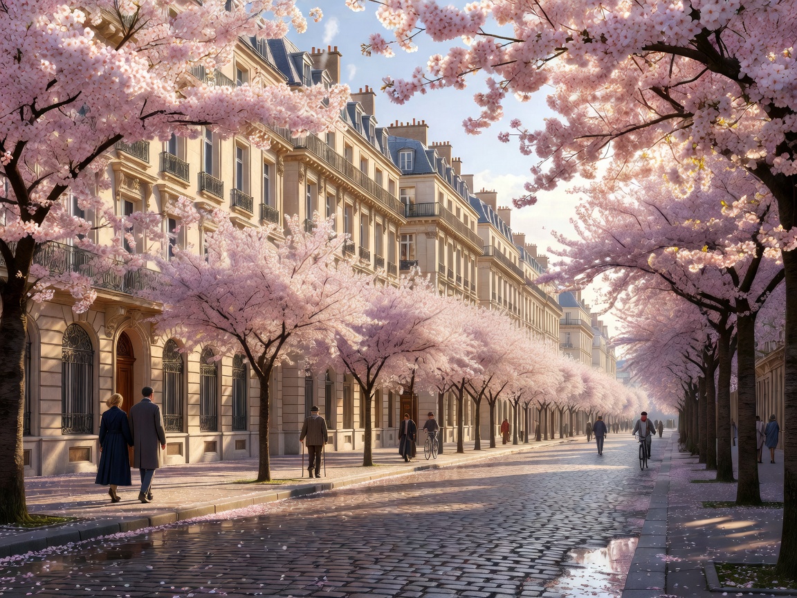 Parisian boulevards lined with spring cherry blossoms