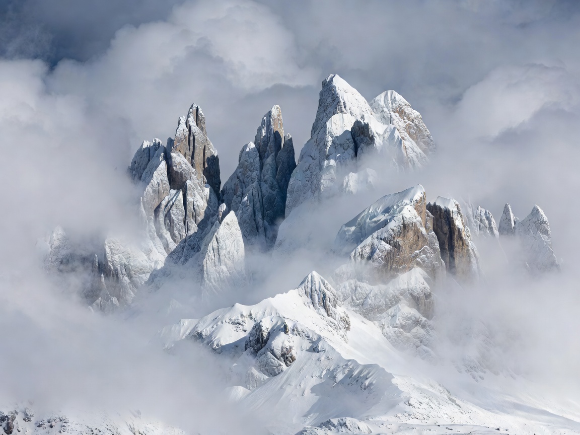 Snow clad peaks of the Italian Dolomites surrounded by winter clouds
