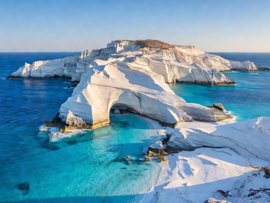 Spectacular white cliffs and blue waters of Milos island, Greece