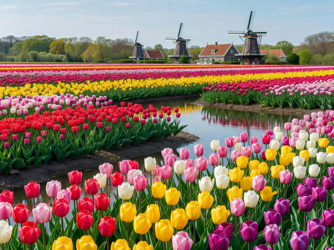 Spring tulip blooms in the Dutch countryside near Keukenhof