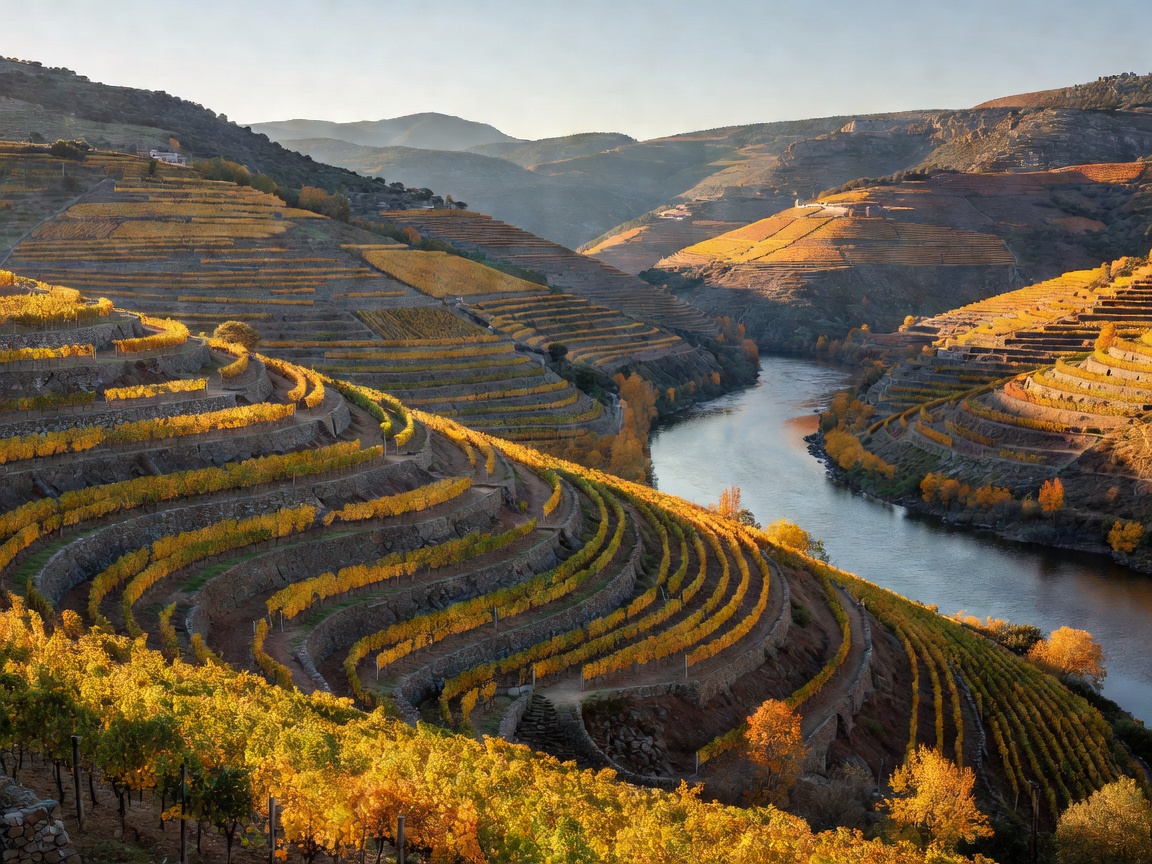 Terraced vineyards turning gold above the Douro River in northern Portugal